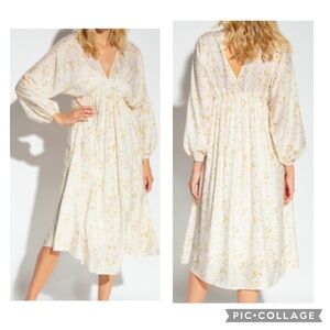 SAMSØE SAMSØE Women’s Beige Ivory GERTRUD Midi Dress Desert Flower V-Neck Sz XS